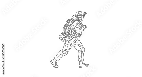 Soldier running in tactical gear, military action, outline illustration