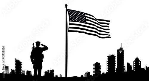 Soldier Salutes American Flag Over Ruined City Skyline Silhouette
