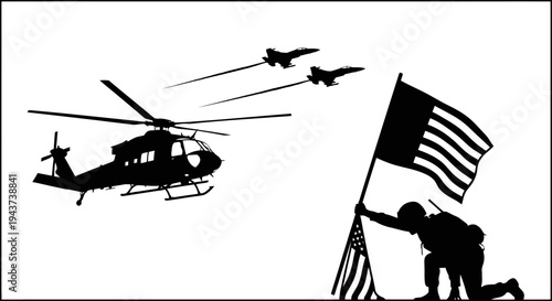 Soldier salutes American flag as helicopter and jets fly overhead, patriotic tribute