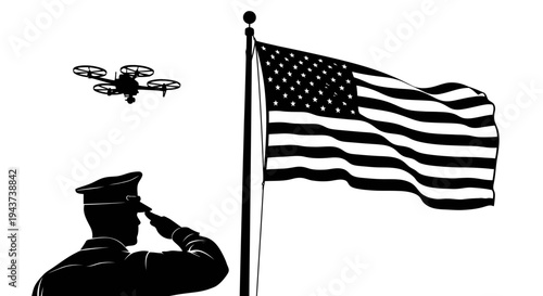 Soldier Salutes American Flag with Drone Overhead - Military Technology and Patriotism