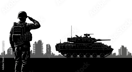 Soldier Salutes Tank Amidst War-Torn Cityscape, Military Power and Destruction Symbolism