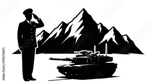 Soldier Saluting Tank and Mountains Silhouette