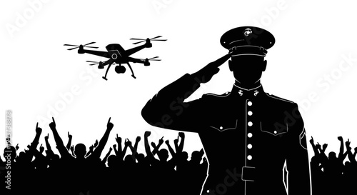 Soldier salutes drone flying over cheering crowd, symbolizing military technology and public support.