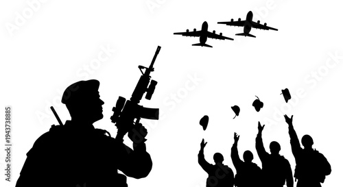 Soldier Silhouette with Airplanes and People Throwing Hats