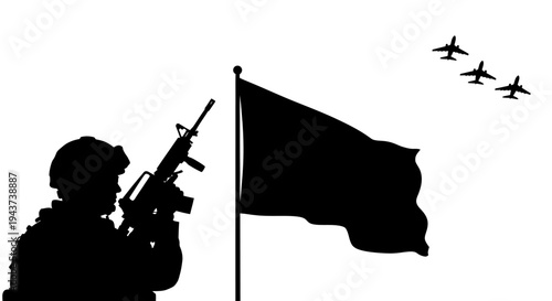 Soldier silhouette with rifle, waving flag, and fighter jets flying in formation