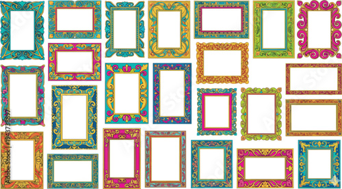 Collection of Ornate Decorative Picture Frames with Vibrant Colors, Intricate Floral Scrollwork Motifs, Blank Centers for Artwork or Photos