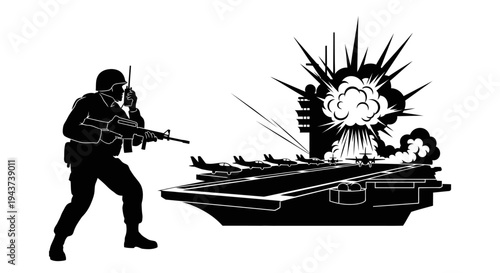Soldier with Rifle and Radio Amidst Aircraft Carrier Explosion