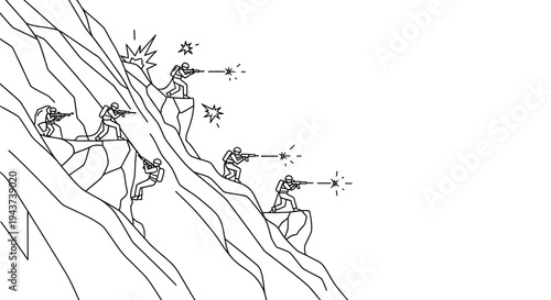 Soldiers battle on steep mountain, firing weapons, explosions, conflict, war scene