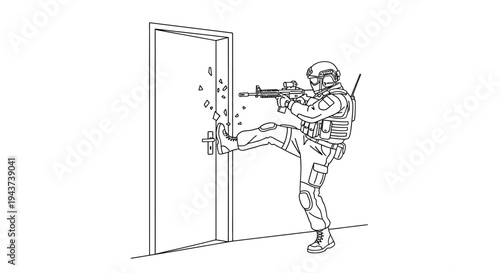 Special forces soldier kicking down a door with a rifle, tactical entry, action scene