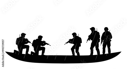 Special Forces Soldiers in Silhouette on Boat with Rifles, Ready for Action