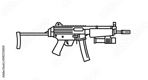 Submachine Gun with Tactical Light Attachment, Black and White Line Art