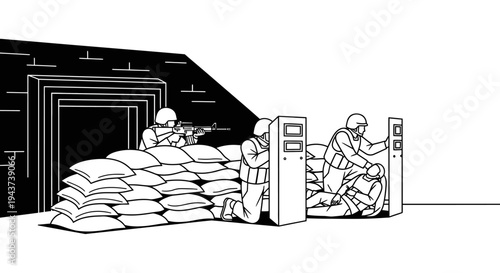 Special forces team in tactical gear with shields and weapons behind sandbags