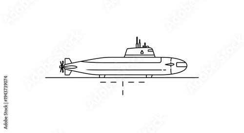 Submarine silhouette, side view, isolated on white, technical drawing, naval vessel