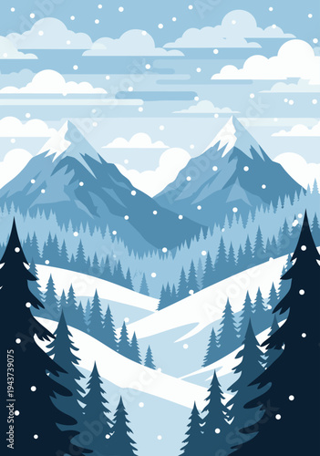 Vector illustration of a beautiful winter landscape with snow-covered mountains, evergreen trees, and falling snow creating a serene and peaceful atmosphere, 8