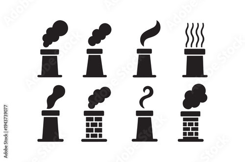 Black silhouettes depicting factory smokestacks with varying smoke plumes