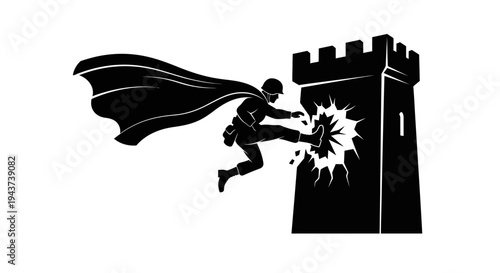 Superhero Soldier Kicking Through Castle Wall, Action, Power, Military Strength, Breaking Barriers