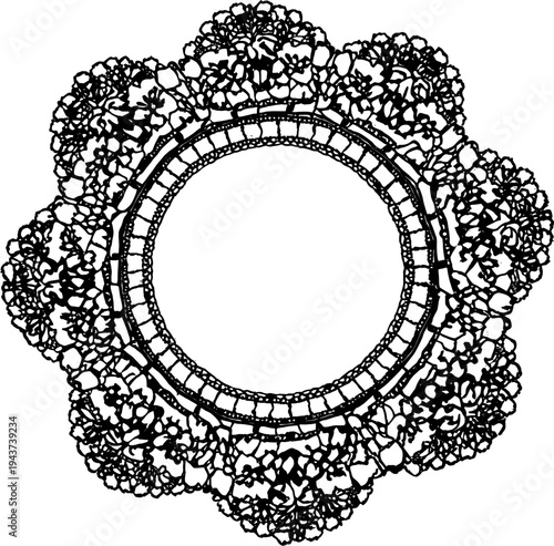 Intricate black and white circular lace pattern with a central empty space, resembling a decorative doily or mandala design.