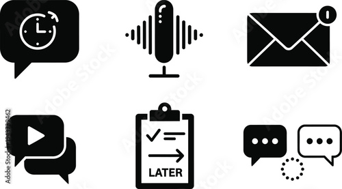 Digital Communication and Productivity Icon Set; Vector Flat Icons for Messaging, Voice Recording, Email Notifications, Video Chat, Task Scheduling, and Real-Time Feedback UI Design