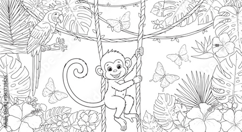 Jungle monkey coloring page featuring playful primate swinging on vines surrounded by exotic tropical leaves parrot butterflies and buds