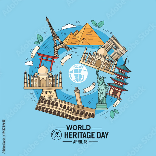 A circular illustration of famous landmarks around a white globe