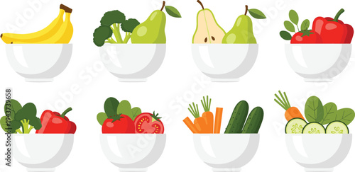 Fresh Fruits and Vegetables in Bowl Collection Featuring Banana, Pear, Broccoli, Tomato, Cucumber, Carrot, and Spinach for Healthy Food Design
