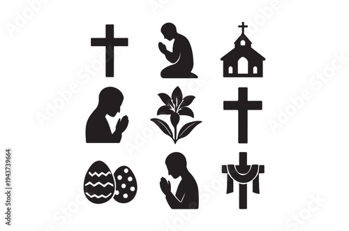 Black silhouettes depicting religious symbols and elements of christianity