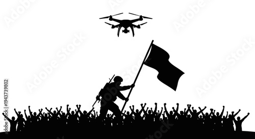 Soldier with Flag Leads Crowd Under Surveillance Drone, Revolution Concept