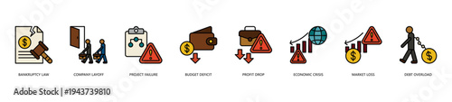 Business Failure Icon Set. Icon set includes Bankruptcy Law, Company Layoff, Project Failure, Budget Deficit, Profit Drop, Economic Crisis, Market Loss, Debt Overload.