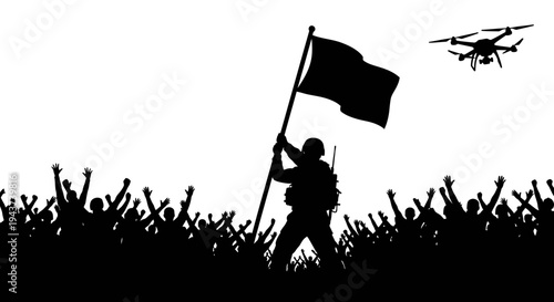 Soldier with Flag and Drone Silhouette Over Crowd, Symbolizing Victory and Modern Warfare