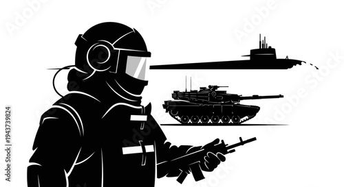 Soldier with Helmet and Rifle, Tank, and Submarine Silhouettes - Military Concept