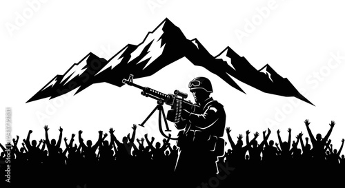 Soldier with Machine Gun and Crowd Under Mountains - Military, Protest, Freedom