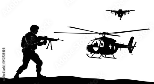 Soldier with Machine Gun and Military Drones, Helicopter Overhead