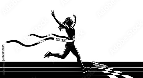 Woman runner crossing the finish line. Silhouette of athletic looking female runner running. Transparent background SVG file.