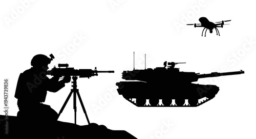 Soldier with machine gun and drone near tank, military technology concept