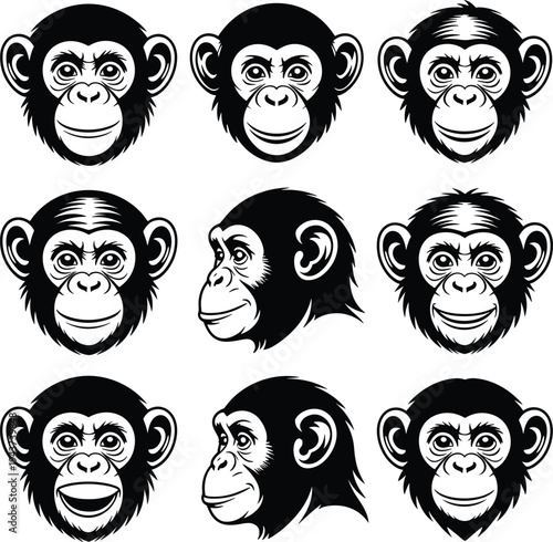 PrintChimpanzee face vector, cartoon monkey icon, expressive primate silhouette, black and white