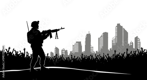 Soldier with Machine Gun in Ruined City Silhouette, Crowd Uprising