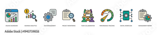 Online Business Management Icon Set. Icon set includes Online Dashboard, Business Analytics, Task Management, Project Monitoring, Team Collaboration, Performance Tracking, Digital Workflow.