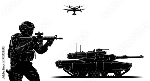 Soldier with rifle and drone near tank, modern warfare, military technology concept