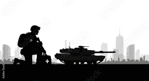 Soldier with Medical Kit and Tank Silhouette in Ruined Cityscape