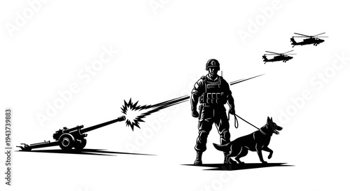 Soldier with military dog and artillery firing, helicopters flying