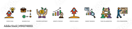 Startup Business Planning Icon Set. Icon set includes Startup Idea, Business Plan, Funding Investment, Growth Strategy, Startup Launch, Market Research, Team Collaboration, Pitch Presentation.