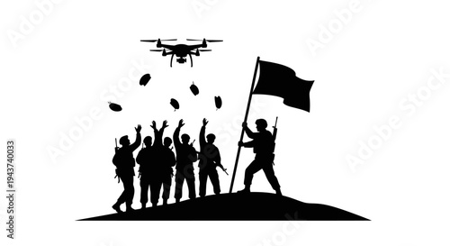 Soldiers celebrating victory with drone dropping supplies on a hilltop