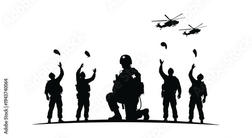 Soldiers Celebrating Victory with Helicopters and Hats Tossed in Air Silhouette