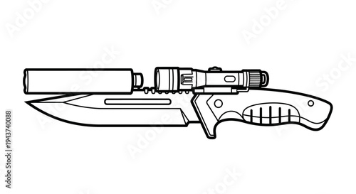 Tactical Combat Knife with Silencer and Flashlight Attachment - Line Art Illustration