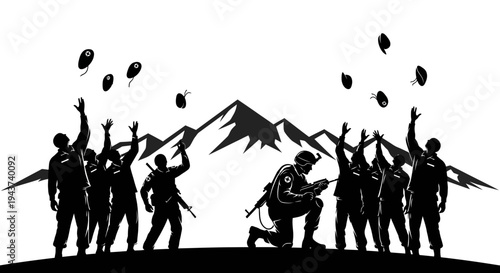 Soldiers Releasing Balloons in Mountains