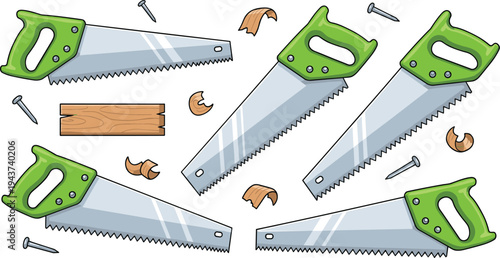 Hand Saw Tool Collection Featuring Carpentry Saws, Wood Pieces, and Nails for Construction, Woodworking, DIY Projects, and Workshop Illustration