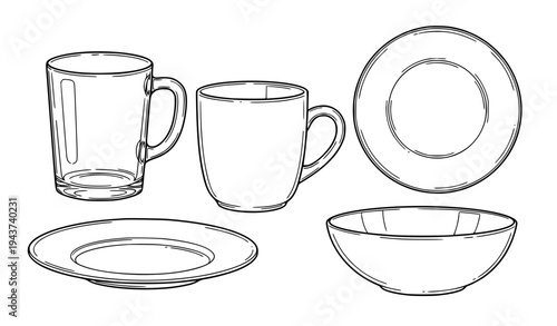 A minimalist line art illustration of tableware including cups and plates