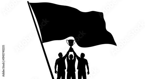 Teamwork Victory Celebration: Silhouettes of Three People Holding a Trophy Under a Waving Flag