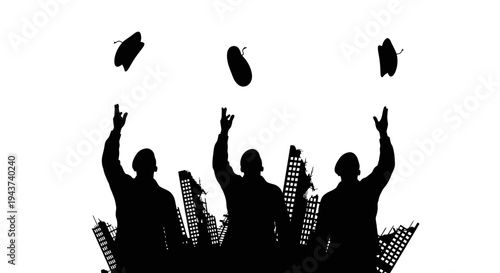 Three Silhouetted Men Juggling Objects Against a Ruined Cityscape Background