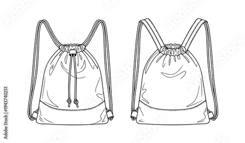 A minimalist line art illustration of two drawstring backpacks in a simple design style